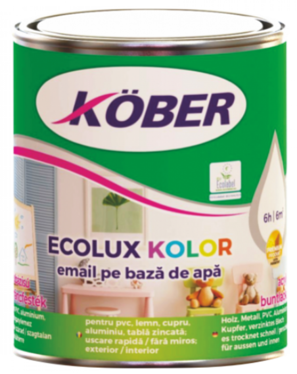 Vopsea acrilica pentru lemn / metal, Kober Ecolux, interior / exterior, pe baza de apa, gri, 0.75l